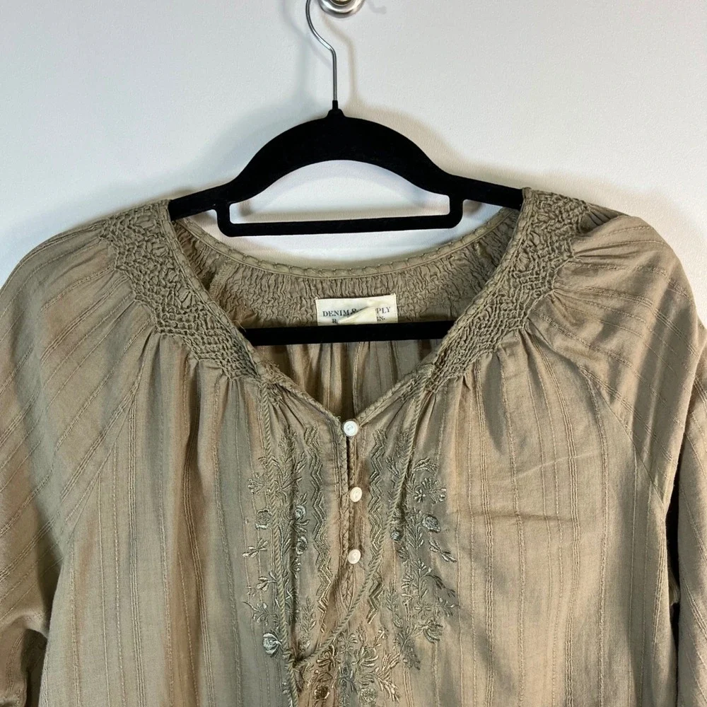 Denim & Supply Ralph Lauren Khaki Green Embroidered Cotton Peasant Blouse Large - Picture 2 of 9